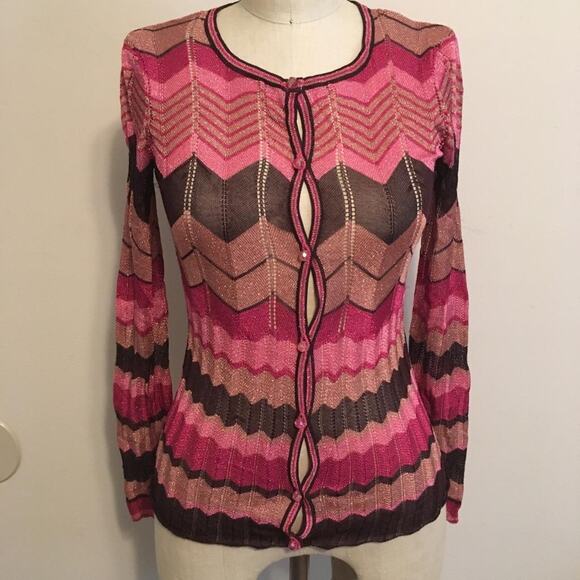Cache Pink-Fuchsia-Rose Gold-Brown Metallic Chevron Print Cardigan Sweater XS - Picture 1 of 7